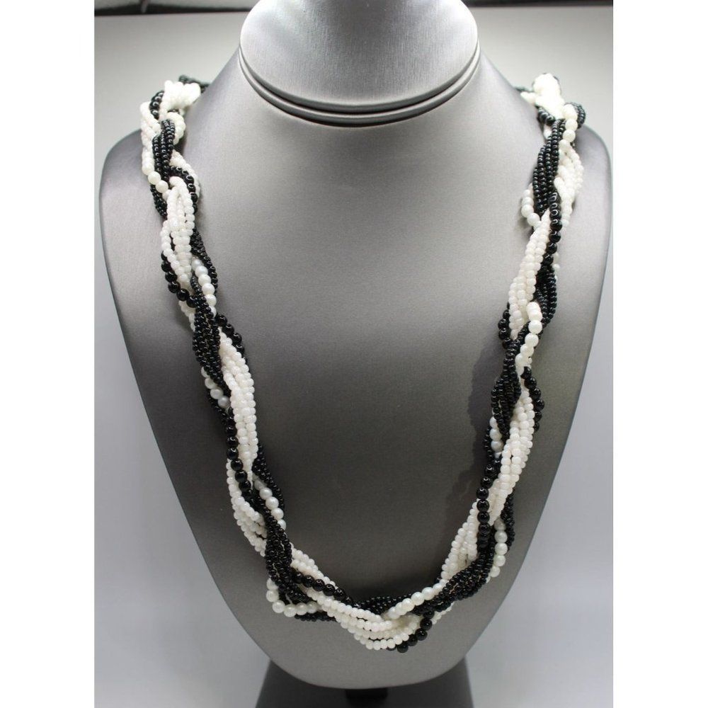 Vintage Twisted Multi Rope Bead Black and White Gold Tone Women's Necklace Decor